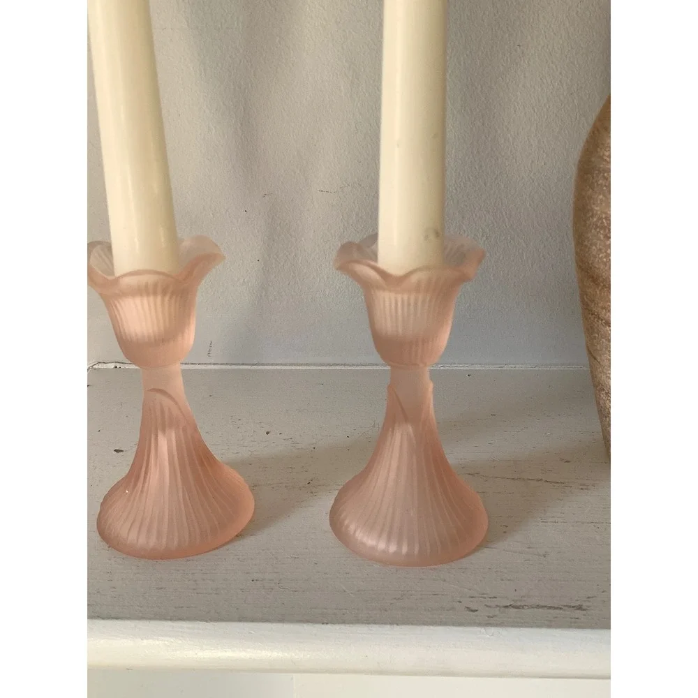 Vintage Frosted Pink Satin Glass Taper Candle Holders Set of 2 Ribbed Tulip 4.5
